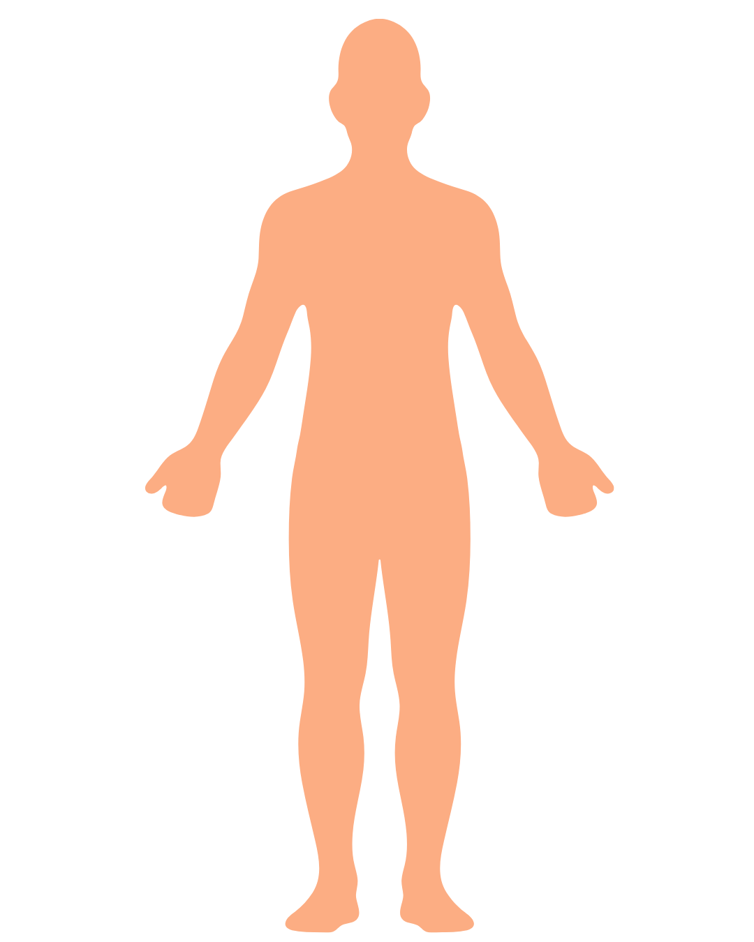 Front-facing human body outline. Use the nearby buttons to select where a body clue is felt.